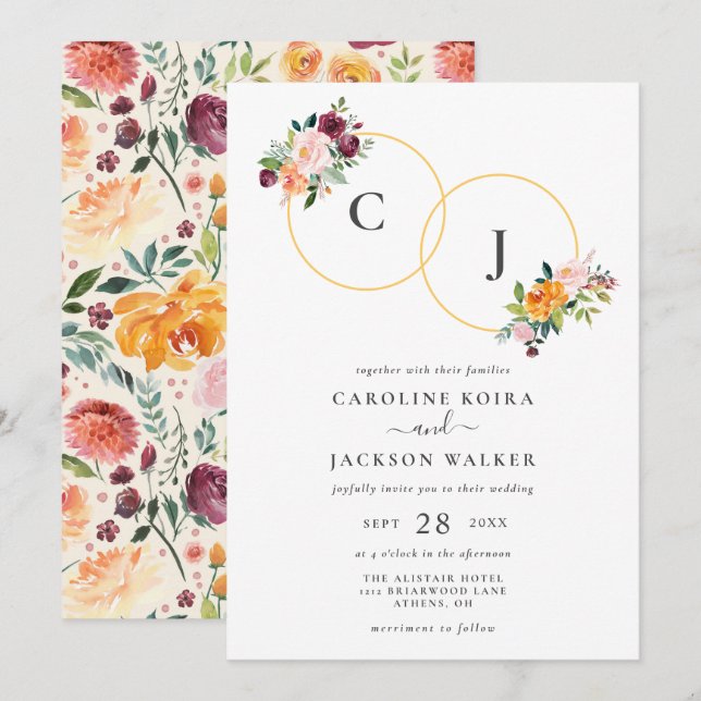 Autumn Floral Monogram Wedding Invitation (Front/Back)