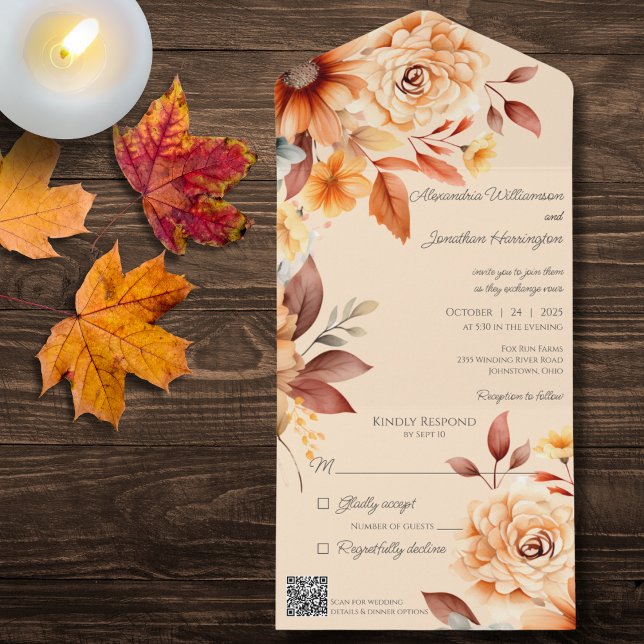 Autumn Floral on Tan with QR Code  All In One Invitation (Creator Uploaded)