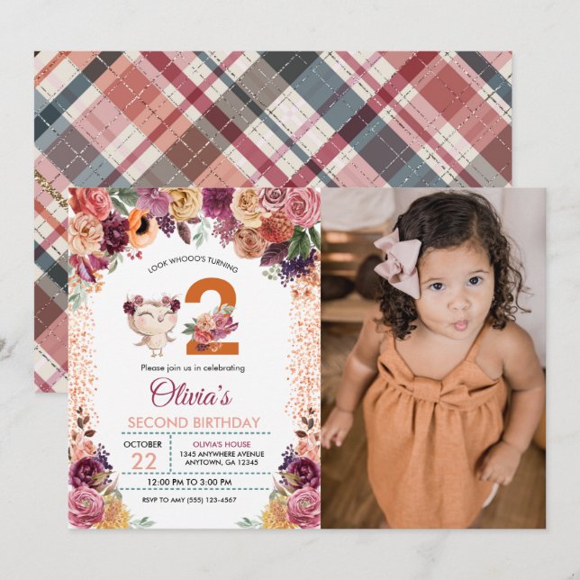Autumn Floral Owl Photo Birthday Invitation (Front/Back)