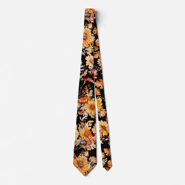 Autumn Floral Pattern B01 Black BG Tie (Front)