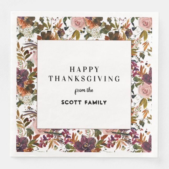Autumn Floral Personalized Thanksgiving Dinner Napkin (Front)