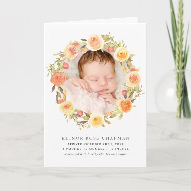 Autumn Floral Photo Birth Announcement Folded Card (Front)