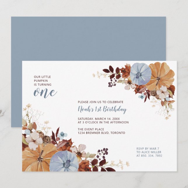 Autumn Floral & Pumpkin 1st Birthday Party Invitation (Front/Back)