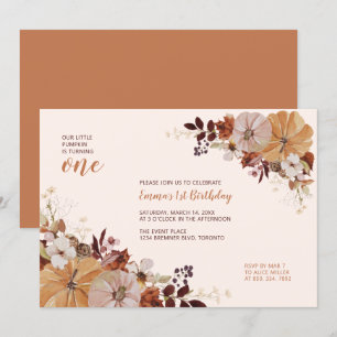 Autumn Floral & Pumpkin 1st Birthday Party Invitation