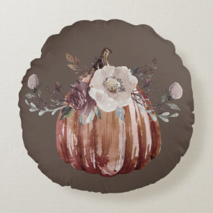 Autumn floral pumpkin brown, terracotta, plumb  round pillow