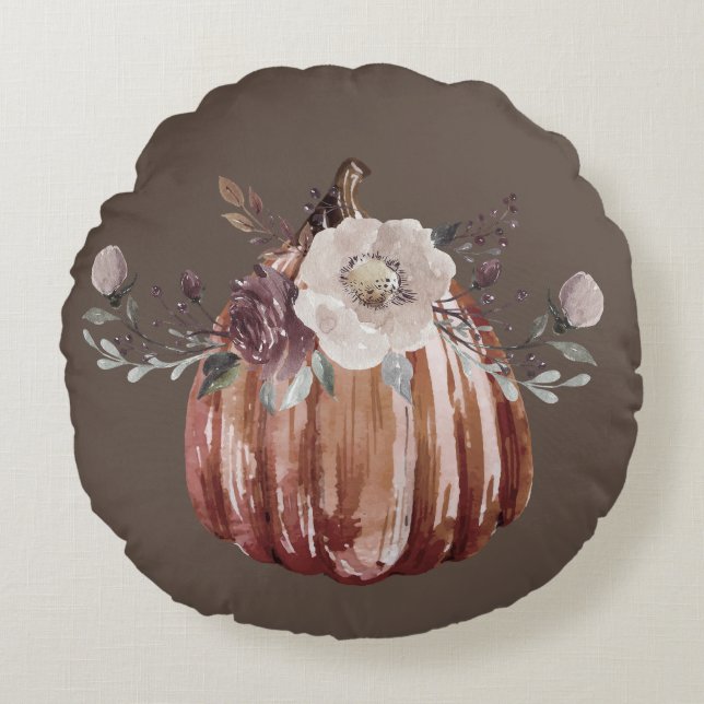 Autumn floral pumpkin brown, terracotta, plumb  round pillow (Front)