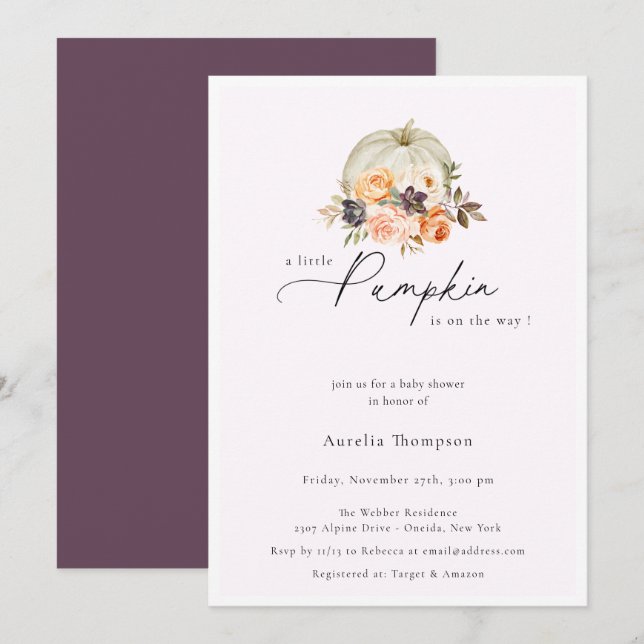 Autumn Floral Pumpkin Purple Baby Shower Invitation (Front/Back)