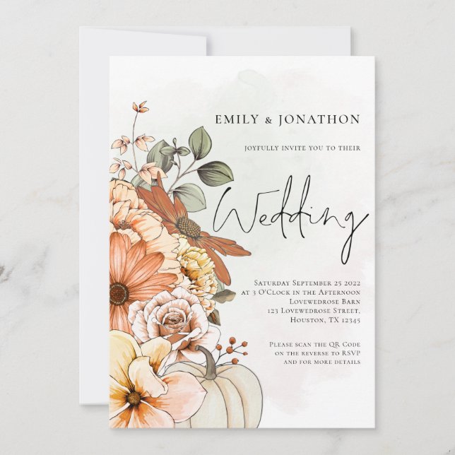 Autumn Floral Pumpkin Script QR Code Wedding Invitation (Front)