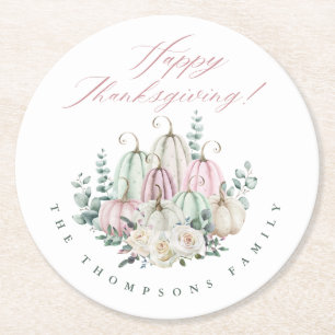 Autumn Floral Pumpkin Thanksgiving  Round Paper Coaster