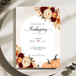 Autumn Floral Pumpkins Thanksgiving Dinner Invitation