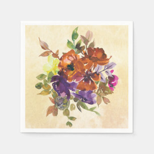 Autumn Floral Purple Blue Burnt Orange Watercolor  Napkin