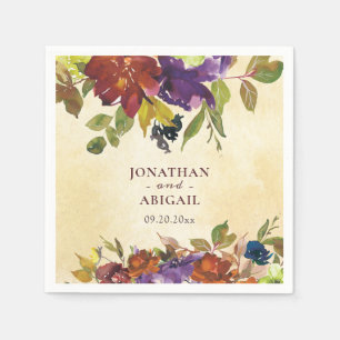 Autumn Floral Purple Burnt Orange Greenery Wedding Napkin