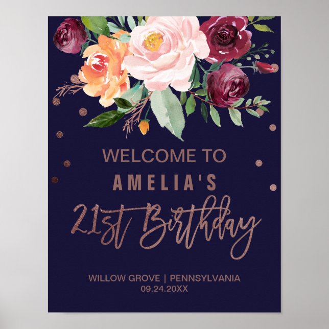 Autumn Floral Rose Gold 21st Birthday Welcome Poster (Front)