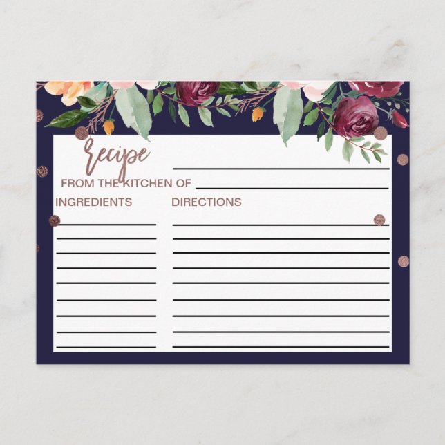 Autumn Floral Rose Gold Bridal Shower Recipe Cards (Front)