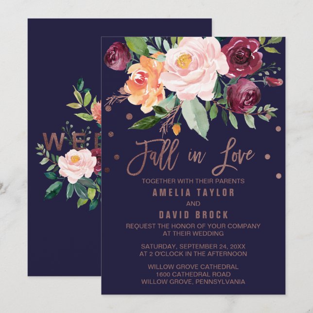 Autumn Floral Rose Gold Fall In Love Wedding Invitation (Front/Back)