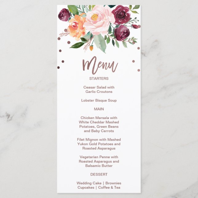 Autumn Floral Rose Gold Light Dinner Menu Card (Front)