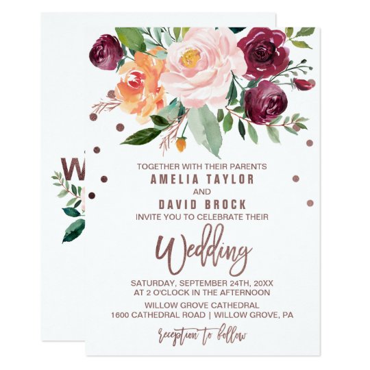 Autumn Floral Rose Gold Light Typography Wedding Invitation