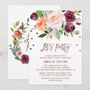 Autumn Floral Rose Gold Light Wreath Let's Party Invitation