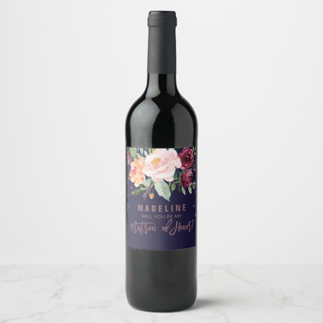 Autumn Floral Rose Gold Matron of Honour Wine Label (Front)