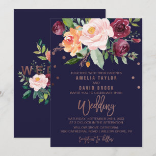 Autumn Floral Rose Gold Typography Backing Wedding Invitation