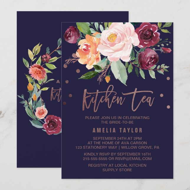 Autumn Floral Rose Gold Wreath Back Kitchen Tea Invitation (Front/Back)