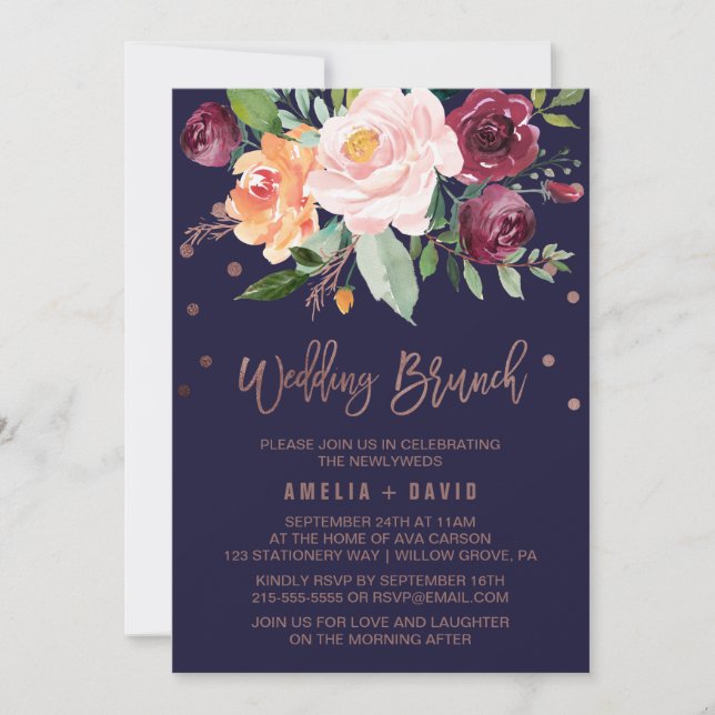Autumn Floral Rose Gold Wreath Back Wedding Brunch Invitation (Front)