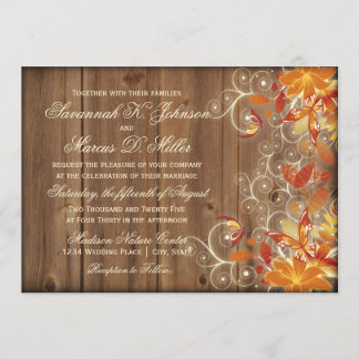 Autumn Floral Rustic Wood Fall Wedding Invitations