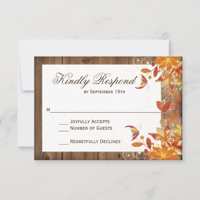 Autumn Floral Rustic Wood Fall Wedding RSVP Cards (Front)