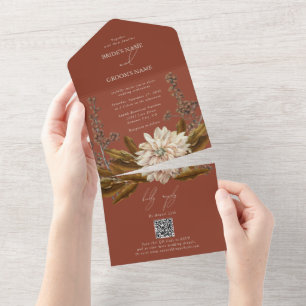 Autumn Floral Terracotta Watercolor Fall Wedding All In One Invitation