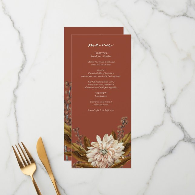 Autumn Floral Terracotta Watercolor Fall Wedding Menu (Front/Back In Situ)