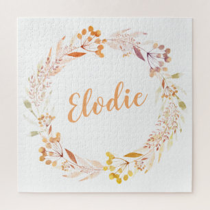 Autumn Floral Watercolor Wreath Boho Personalized Jigsaw Puzzle