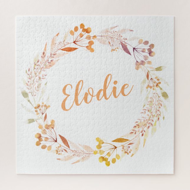 Autumn Floral Watercolor Wreath Boho Personalized Jigsaw Puzzle (Vertical)