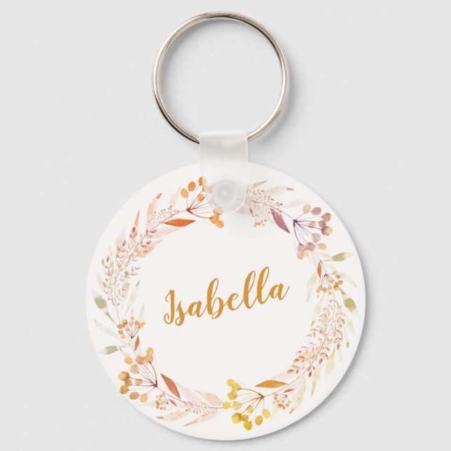 Autumn Floral Watercolor Wreath Boho Personalized  Keychain (Front)