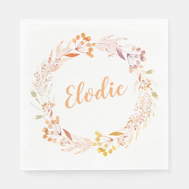 Autumn Floral Watercolor Wreath Boho Personalized  Napkin (Front)