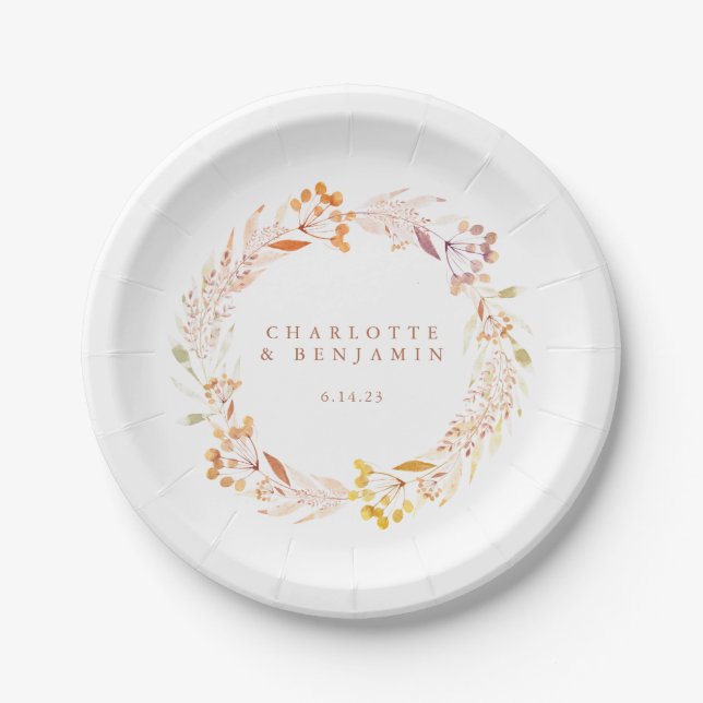 Autumn Floral Watercolor Wreath Custom Wedding Paper Plate (Front)