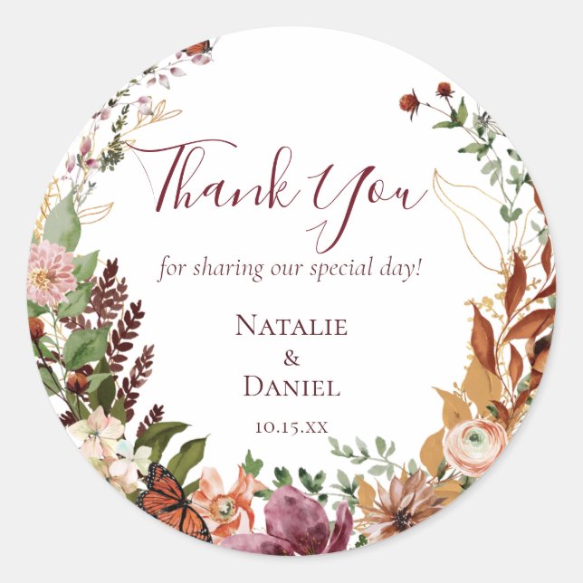 Autumn Floral Wedding  Classic Round Sticker (Front)