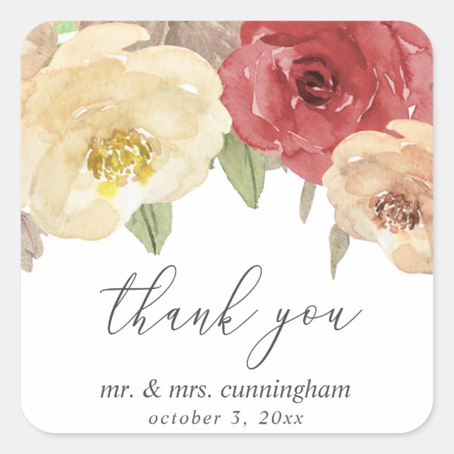 Autumn Floral Wedding Favour Thank You Square Sticker (Front)