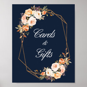 autumn floral wedding navy blue cards & gifts sign