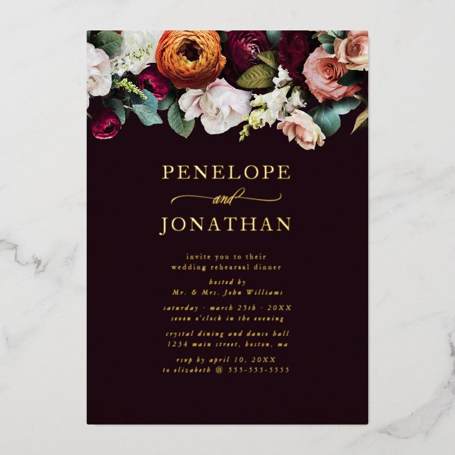 Autumn Floral Wedding Rehearsal Dinner Gold (Front)