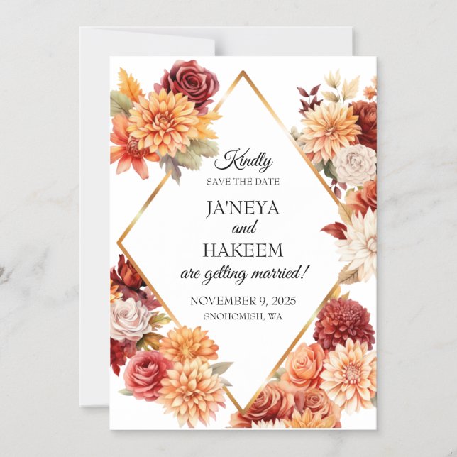 Autumn Floral Wedding Save The Date   Magnetic Invitation (Front)