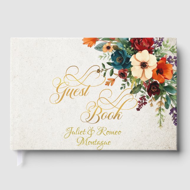 Autumn Floral & Wreath - Cream/Gold Guest Book (Front)