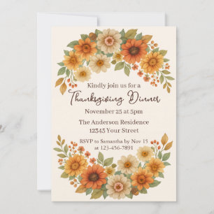 Autumn Floral Wreath - Elegant Thanksgiving Dinner Invitation