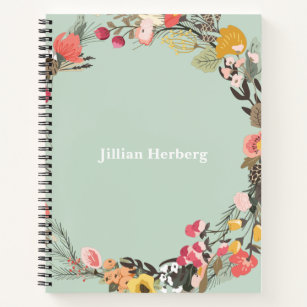 Autumn Floral Wreath on Sage Green with Name Notebook