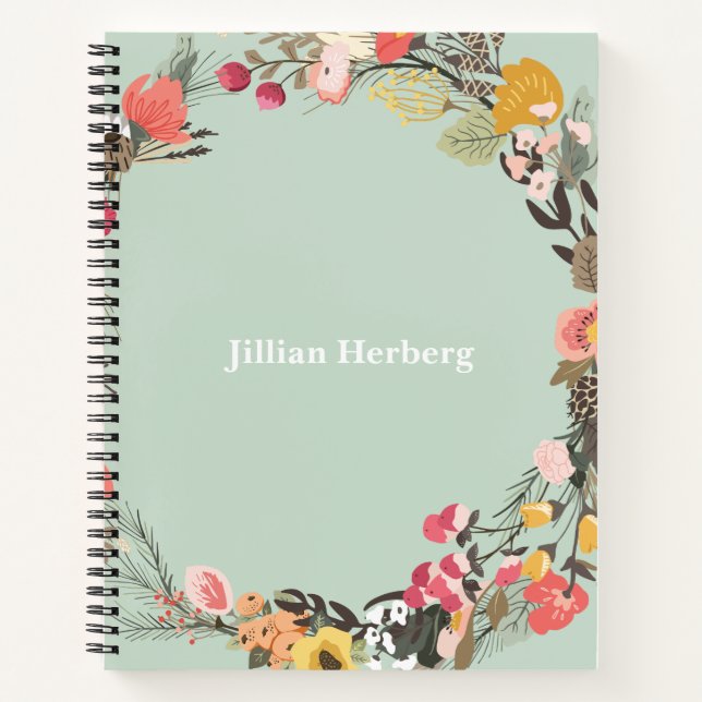 Autumn Floral Wreath on Sage Green with Name Notebook (Front)