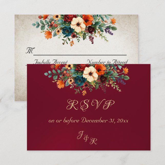 Autumn Floral & Wreath RSVP - Burgundy Card (Front/Back)