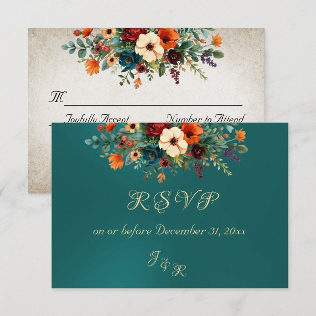 Autumn Floral & Wreath RSVP - Teal (Devant / Derrière)
