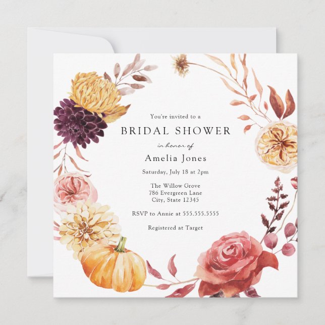 Autumn Florals and Pumpkin Bridal Shower Invitation (Front)