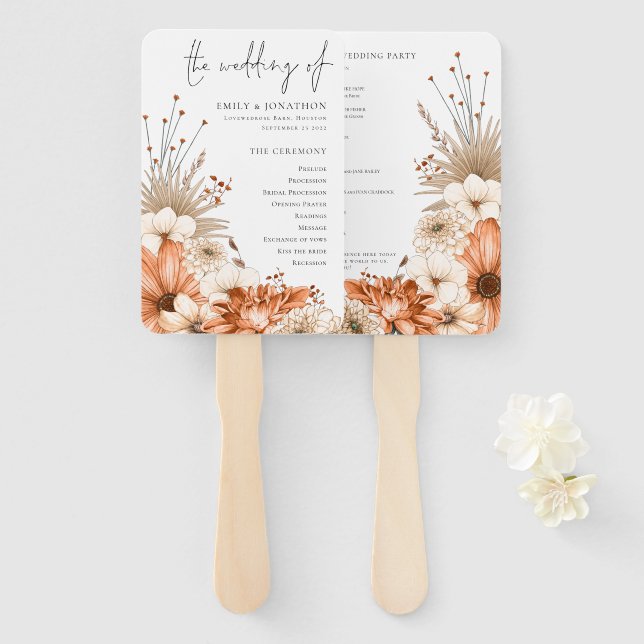 Autumn Florals Elegant Script Program Hand Fan (Front and Back)