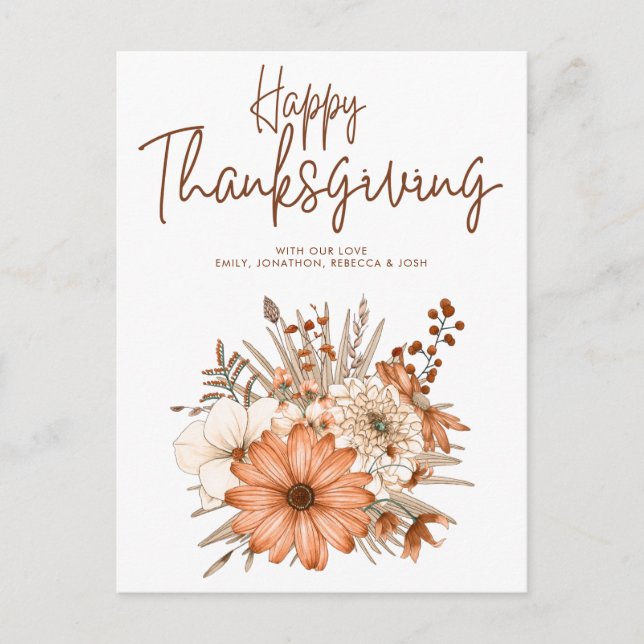 Autumn Florals Foliage Happy Thanksgiving Names Holiday Postcard (Front)