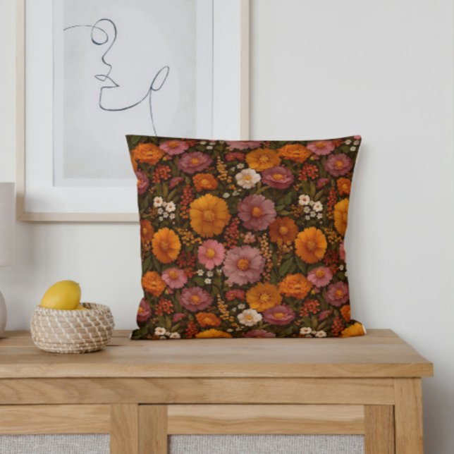 Autumn Florals in Burnt Orange and Red Throw Pillow (Embrace the beauty of fall with this floral pillow. A rich mix of burnt orange and violet flowers.)